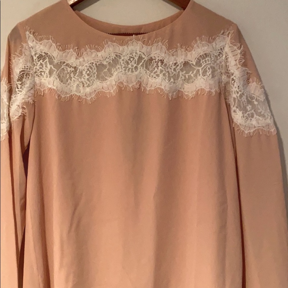 **SOLD** Nude Long sleeve High-Low Lace Trip Top Blouse